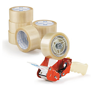 36x Lepicí PVC páska 50mm, návin 66m, průhledná, tloušťka 53µm + 1 odvíječ pásky | RAJA