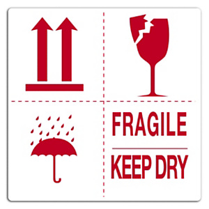 Výstražné etikety, 100x100mm, 4 symboly, FRAGILE / KEEP DRY