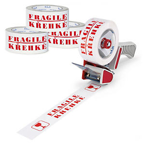 36x Výstražná lepicí PVC páska FRAGILE – KŘEHKÉ, 50mm, návin 66m, tloušťka 48µm + 1 odvíječ pásky | RAJA