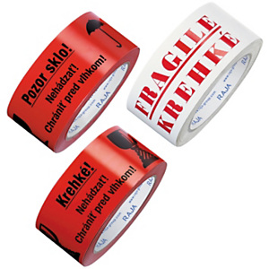 6x Výstražná lepicí PVC páska FRAGILE – KREHKÉ, 50mm, návin 66m, tloušťka 53µm | RAJA